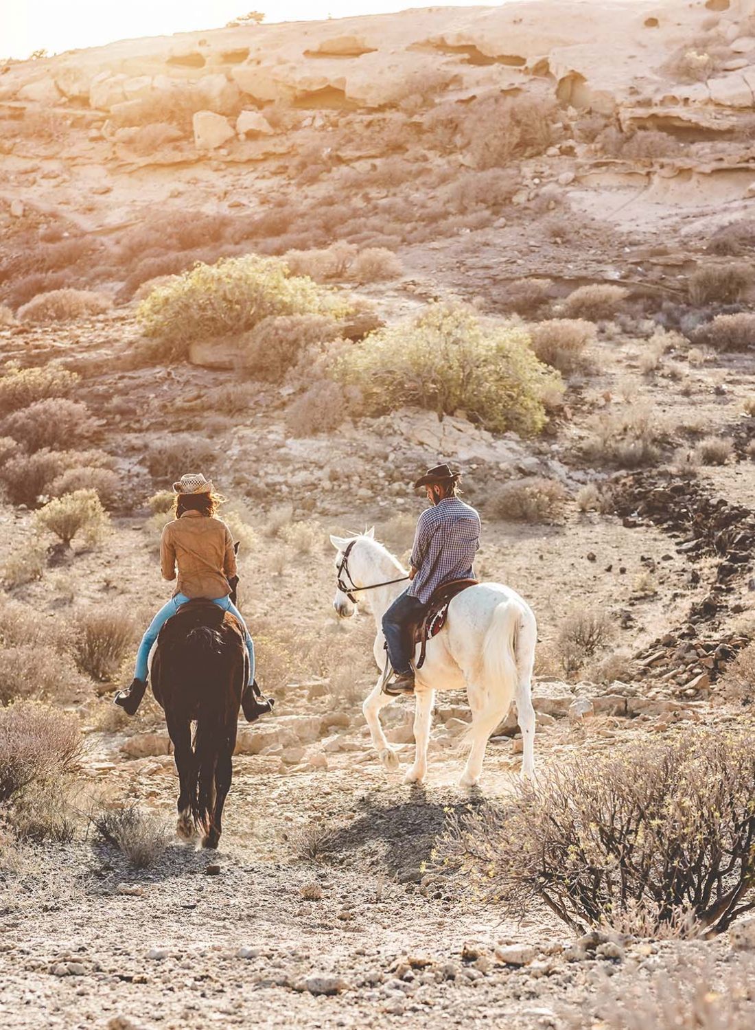 Two horseback riders on dusty trail at sunset